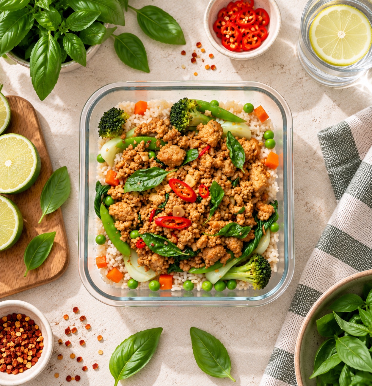 Pad Kra Pow in an Alab SF glass container — ground chicken with Thai basil, red chilli and garlic over rice, with broccoli, snap peas, bok choy and carrots, on a sunlit table set with fresh basil, limes and chilli flakes